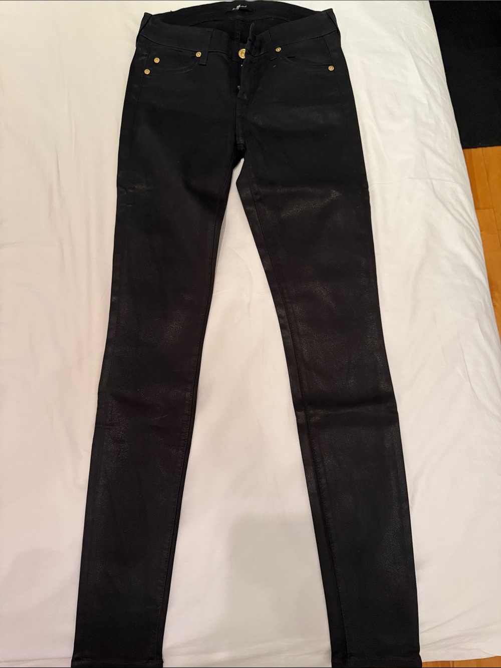 7 For All Mankind Black Coated Skinny Jeans with Gold Hardware